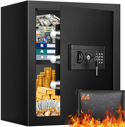 Coffre-fort 55 l ignifuge avec porte-documents étanche et ignifuge - Coffre-fort numérique avec clé - Étagères amovibles - Coffre-fort mural de sécurité pour la maison, bijoux, argent liquide, objets