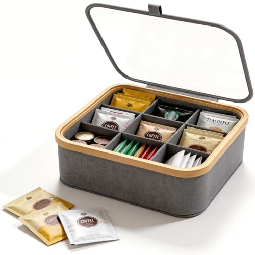 DOKRVLOQ Natur Bambus Teebox Teekiste aus Oxford-Gewebe mit 9 Fächern und Sichtfenster Tee Aufbewahrung Teebeutel Organizer - Ideal für Kaffee, Gewürzen & Kleinteilen Aufbewahrun