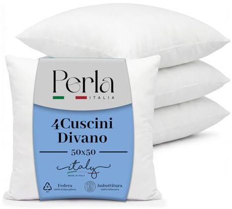 Perla Italia Cuscini Divano 50x50 Set 4 – Imbottitura Morbida e Voluminosa | Anallergici e antiacaro, imbottitura 100% poliestere, traspiranti e lavabili, ideali per divani e letti, comfort e sostegno
