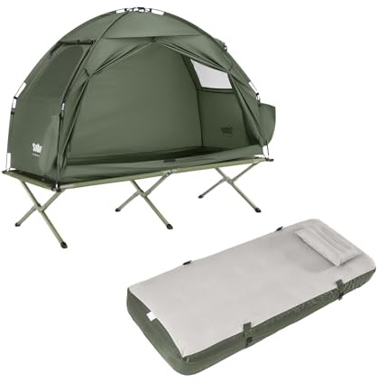 Sobuy Feldbett mit Zelt Campingzelt 1 Personen Wasserdicht 1 Personen Zelt Wasserdicht mit Luftmatratze Camping Tent, Outdoor Zelt Trekking Zelt Grün 193x160x86 cm OGS32-II-GR-TP