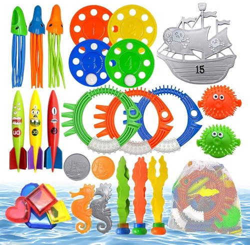 Tauchpoolspielzeug – 34-teiliges Unterwasser-Schätz-Set, lustiges Poolspielzeug-Set | bunte Spielzeuge, fließende Spielzeuge, leuchtende Tauchringe, Stöcke, P-Paket