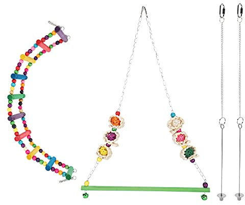 Altalena per animali domestici colorata in legno naturale e acciaio inossidabile, altalena per polli e pappagalli, supporto, portafrutta e mangiatoia sospesa per verdure, 4 pezzi