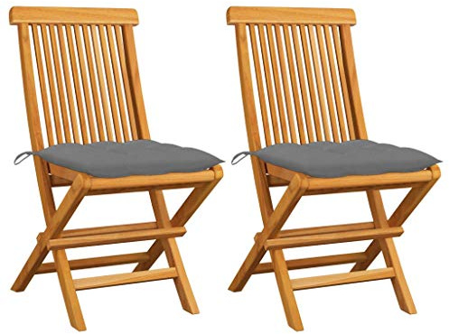 HETFTJN Set of 2 Folding Teak Wood Patio Chairs with Grey Cushions