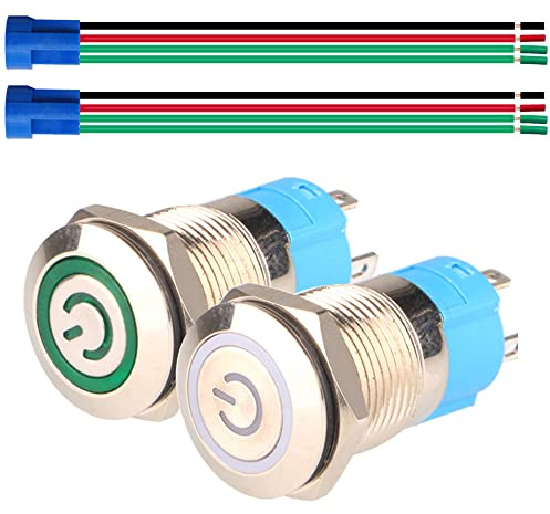 Gebildet 2pcs 12mm Latching Interruttore a Pulsante in Acciaio Inossidabile,12V-24V 3A Simbolo LED Normalmente Aperto SPST ON Off Interruttore a Levetta Impermeabile con Spina a Filo(Bianco+Verde)