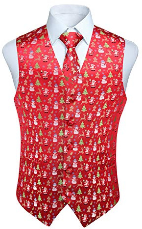 Enlision Rolig väst för män, jul, festlig, glad jultomte, julväst, slips, ficka, fyrkantig näsduk, kostymväst, set, XS–4XL, Röd, XXL