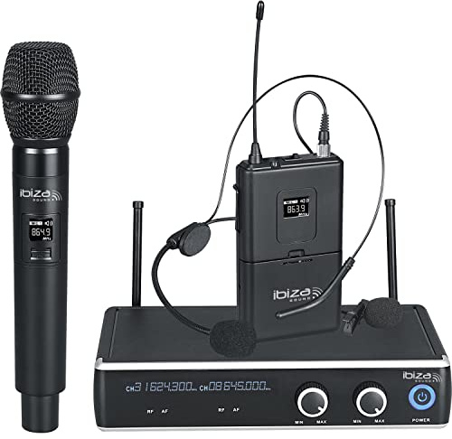 IBIZA DR20UHF 2-Kanal UHF Doppel Funkmikrofon Wireless System mit Handmikrofon und Headset