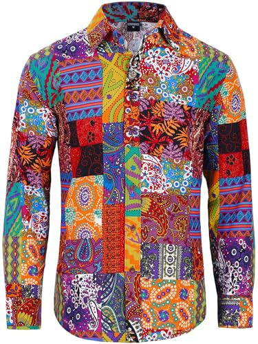 COSAVOROCK Herren Hippie 70er Jahre Hemd Hässliche Floral Blumen Hawaii Hemden XXL