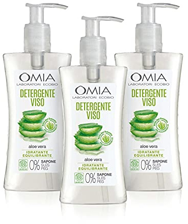 Omia Gel Limpiador Facial EcoBio con Aloe Vera deL Salento, Desmaquillante, Hidratante y Equilibrante para Pieles Normales y Mixtas, Pack de 3 Unidades, Bote de 200 ml