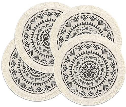 Weldomcor Boho Tischsets Stoff 4er Set, 33cm Makramee Rund Gewebte Platzsets Abwaschbar Hitzebeständige Placemat Teller-Untersetzer für Küche Esszimmer Hochzeit Bauernhaus Tisch Dekoration (Schwarz)