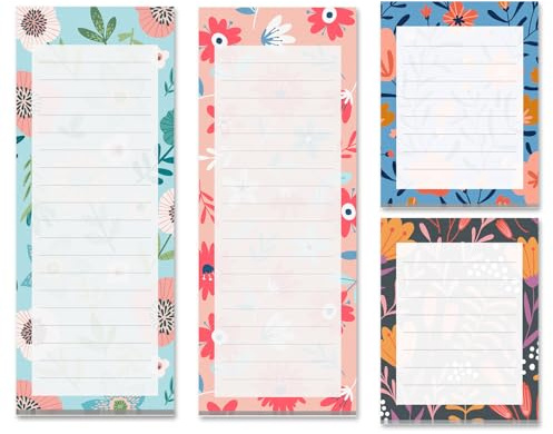Magnetische Notizblöcke für Kühlschrank, 4er-Pack, Einkaufslisten-Magnetblock für Kühlschrank, To-Do-Liste, Erinnerungen, Kratzpads, niedliche Blumen-Designs, 60 Blatt pro Block