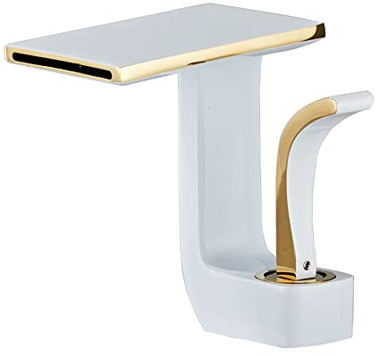 SJQKA Wasserfall Wasserhahn Bad,Wasserfall Waschtischarmatur Wasserhahn Bad Aus Erstklassigem Messing,wasserfall Einhandmischer Für Bad Badezimmer Waschbecken (Weiß+Gold)
