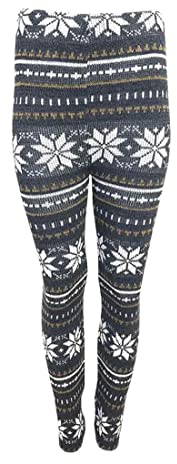 FAIRY TRENDZ LTD Stickade leggings i full längd för kvinnor jul vinter snö mode facncy byxor, Snöflinga stickad träkol, 40 SE