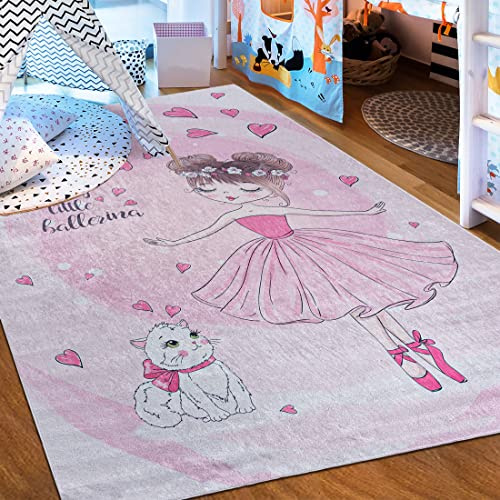 Mazovia Groß Spielteppich Kinderzimmer 160x230cm Rosa Katze Pflegeleicht | Kinderteppich für Schlafzimmer Spielzimmer Mädchen Maschinenwaschbar Rutschfest Allergikerfreundlich Wetterfest Kurzflor