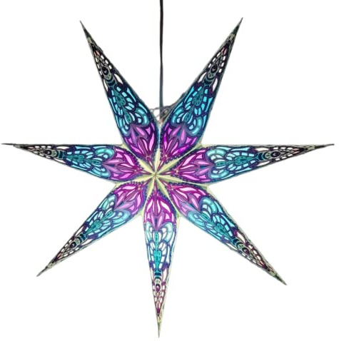 YEPSIO 7-zackiger Laternen-Lampenschirm, Papierstern-Lichtschirme, groß, 61 cm, Sterne, hängende Dekorationen für Weihnachten, Hochzeit, Heimdekoration, Geburtstagsparty (Glitzer, Blau, mehrfarbig)