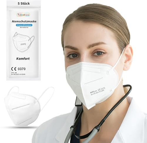TubeRoo FFP2 Maske weiß 5 Stück, Atemschutzmaske 5-lagig, Schutz Masken, Mundschutz, Staubschutzmaske, deutscher Händler