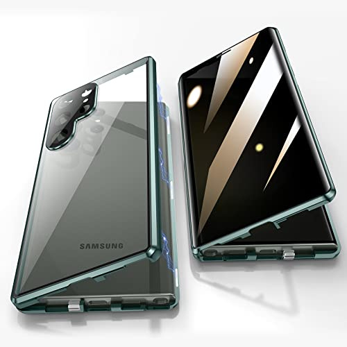 Jonwelsy Anti Peeping Hülle für Samsung Galaxy S23 Ultra, 360 Grad Schutz Case, Privatsphäre Gehärtetes Glas Anti-Spähen Cover, Stark Magnetische Adsorption Metallrahmen Handyhülle (Grün)