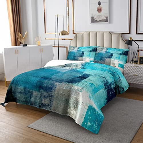 Türkis Tagesdecke 220x240 für Kinder Jungen Teal und Grau Ombre Gesteppt für Mädchen Erwachsene Grunge Aquarell Tagesdecke Vintage Zeitgenössische Kunstwerk Tagesdecke Quilt-Set mit 2 Kissenbezüge