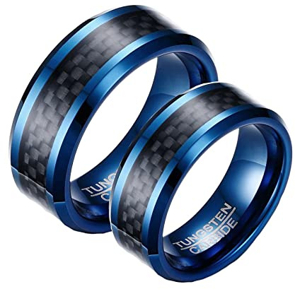 BCughia Freundschaftsring, Männer Ringe Blau Wolframcarbid Ring Schmuck 8 mm Blauer Ring mit Kohlefasereinlage Damengröße 60 (19.1), Herrengröße 65 (20.7)