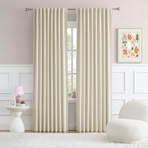 DUALIFE Back Tab and Rod Pocket Blackout Curtains - (52W x 84L Inch, Set of 2 Panels, Light Cream Beige) Solid Thermal Insulated Blackout Curtains for Living Room