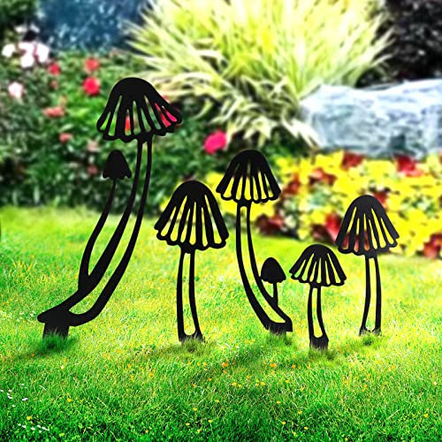KOLYMAX Lot de 5 piquets décoratifs en forme de champignon en métal pour jardin, statuette ajourée, ensembles familiaux pour allée, sol, pelouse, décoration extérieure
