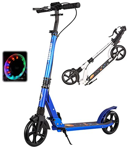 Bueuwe Big Wheel Scooter, City Roller Kinder 5 Jahre, Tretroller Erwachsene 150 kg Tragkraft, Klappbar Höhenverstellbar Cityroller, LED Räder, Handbremse, Aluminium