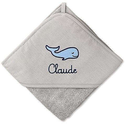 upstitch studio Kapuzenhandtuch für Baby (75x75cm) und Kinder (100x100cm) mit Namen personalisiert für Jungen und Mädchen aus 100% Baumwolle - Babyhandtuch und Kinderhandtuch (Grau, 100 x 100 cm)