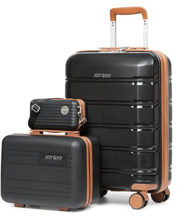 Joyway Kofferset 3 Teilig Hartschale mit 4 Rollen und TSA-Schloss Der Gepäcksets Enthält 1 Kosmetikkoffer und 1 Tragbare Tasche Schwarz/Braun