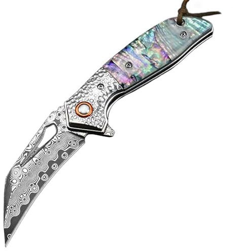Joa Couteau de poche damassé en coquillage, couteau pliant tranchant, Tanto pliable, couteau pratique, couteau de chasse, couteau de survie en acier de Damas, petit couteau de qualité supérieure