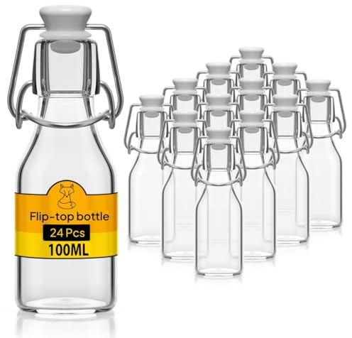 Flaschen-Fuchs Juego de 24 botellas de vidrio de 100 ml con cierre hermético - Botella para aceite, vino, licores, agua, cerveza, jugos de fruta, conservas y leche - Botellitas de vidrio pequeñas