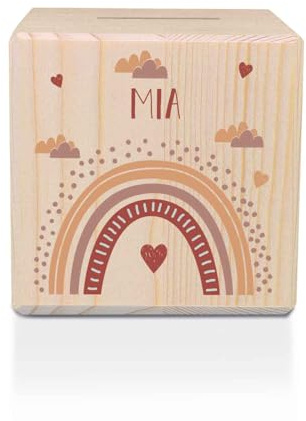 GRAVURZEILE Bedruckte Spardose aus Holz mit Metallschloss - Regenbogen Rot - Personalisiert mit Name - Geschenk zur Taufe, Kommunion oder Geburt - Sparschwein für Mädchen & Jungen