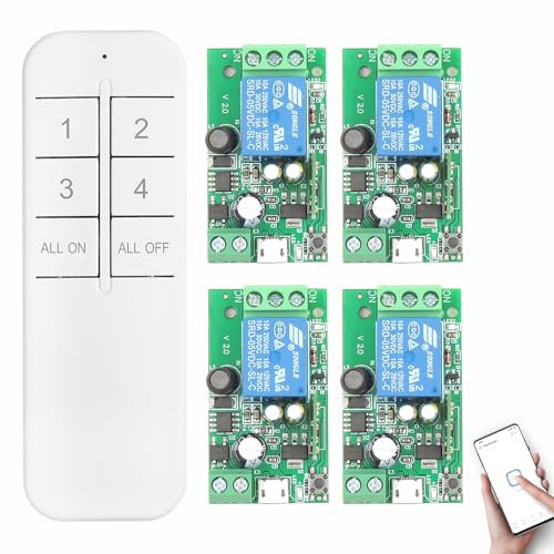 DieseRC Interruttore Intelligente Wi-Fi 4x1 canale Modulo Relè di Uscita Passivo con 1x trasmettitore Bluetooth, DC 5V 12V 24V 36V Controllo WIFI APP Ewelink compatibile con Alexa/Google Home