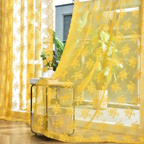 Kotile Mustard Yellow Sheer Curtains 84 Inches Long, 2 Panels Country Rustic Floral Retro Gold Lace Curtains for Living Room,Rod Pocket Light Filtering Privacy Boho Window Curtain Drapes, 52 x 84 Inch