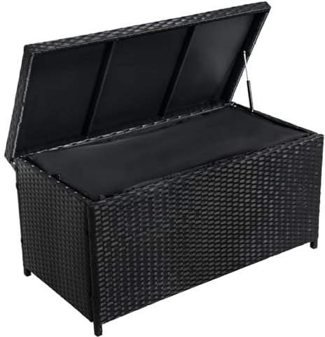 Outdoor 70 Gallon Wicker Storage Box with Waterproof Liner, Patio PE Rattan Storage Container for Outside, Deck Box with Hinged Lid for Cushions, Pillows, Towels, Horizontal Bin, Black