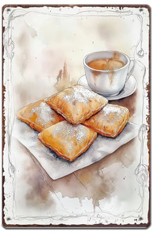 SUPERDANT Beignets and Coffee Tin Sign Vintage Food Metal Tin Sign Coffee Metal Signs Beignet Metal Wall Art Funny Signs and Plaque for Kitchen Bar Cafes Man Cave Metal Decoration