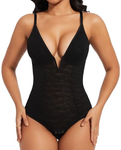 Joyshaper Shapewear Damen Body Spitze Bauchweg Formende Body Shaper V-Ausschnitt Shaping Bodysuit Miederbody Schwarz,L