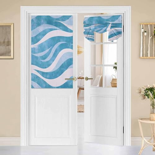 FortuneHouse8 Door Curtains Blue White Wave Abstract Art Window Curtains for Patio French Door Modern Lines Texture Privacy Thermal Insulated Sidelight Curtain Tie Up Shade 26 x 42 Inches
