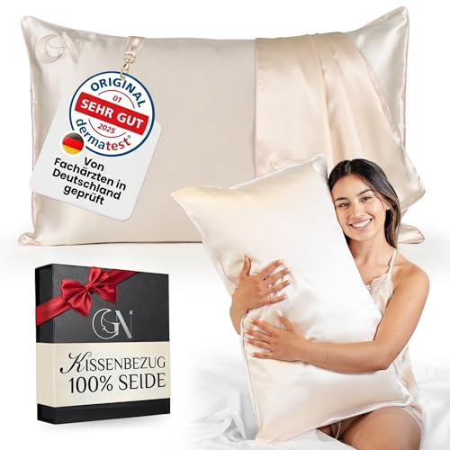 Federa Seta Cuscino 50x80 Certificata da Dermatologi per Pelle e Capelli | Federa in seta per capelli | Massima qualitá 6A, 22 momme | Silk pillowcase (Light Champagne - bordo Rosa)