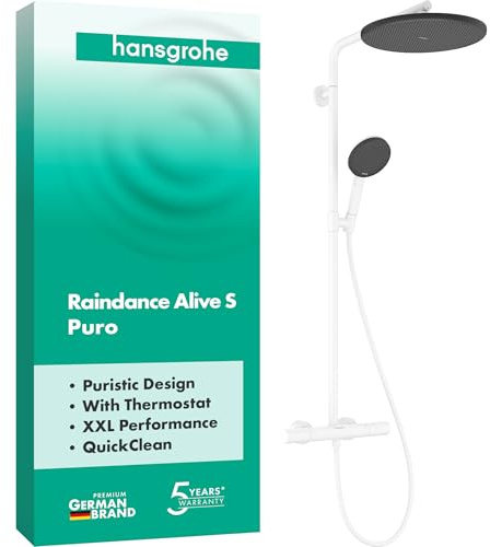 hansgrohe Raindance Alive S Puro - Duschsystem mit Thermostat, Regendusche (300 mm) mit Armatur, Handbrause (3 Strahlarten), Schlauch, Brausestange und runder Kopfbrause, Mattweiß, 24592700