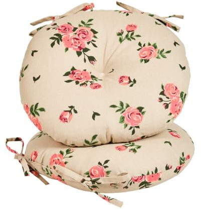 Dibor Set of 2 Tie-On Seat Cushions 100% Cotton Machine Washable Circular Chair Pads Indoor/Outdoor Garden Chair Cushions Alfresco Dining Outdoor Seat Pads (Beige Floral)