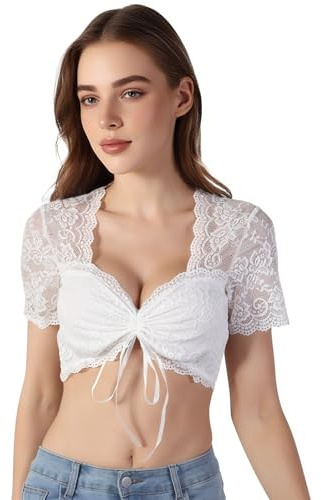 ZCJ Dirndl Camicetta Donna in Pizzo Bianco per Oktoberfest, Blusa Tradizionale Bavarese con Scollo a V e Maniche Corte, Elegante e Sexy XL