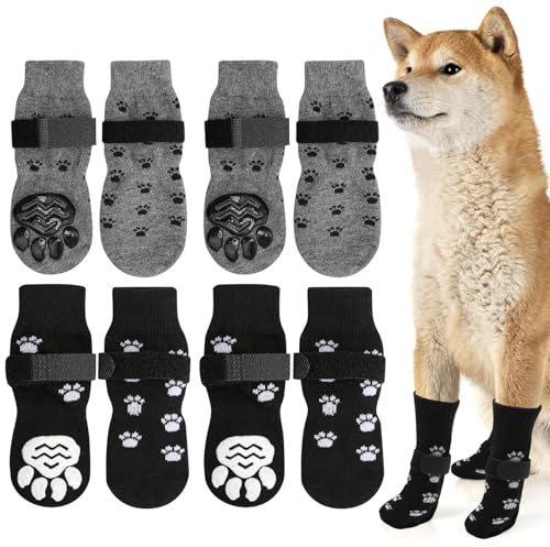 Weniubit 4 Paar Hundesocken Anti Rutsch Doppelseitige, Hundesocken Leckschutz mit Verstellbaren Riemen, Hunde Socken für Hunde im Innenbereich im Freien (M)