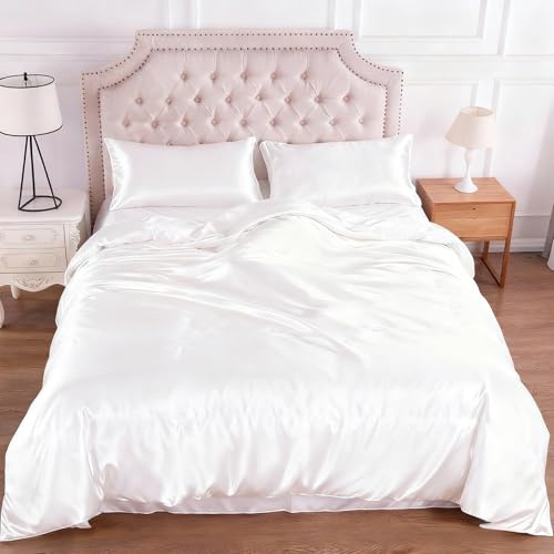 Since Silk Maulbeerseiden Bettbezugsset - Weiß, 135x200cm Bettbezug (25Momme) mit 2 Pcs 40x80cm Kissenbezüge (20Momme), Reißverschluss für Bettbezug & Umschlag für Kissenbezüge