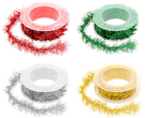 FIGCY Lot de 4 Rouleaux de Lametta Rouge, Vert, Doré, Argent | Décoration de Sapin de Noël, Fêtes, Emballage Cadeaux et Loisirs Créatifs