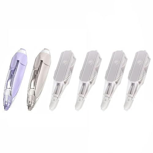 SagaSave Lot de 2 rubans correcteurs rétractables blancs rechargeables de 6 m x 5 mm avec 4 recharges, rouleau correcteur en forme de stylo pour la maison, l'école et le bureau (violet/gris)