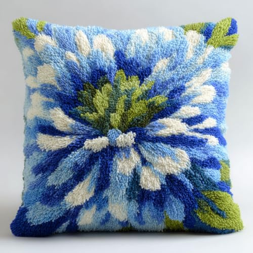 Henypt Kit Point Noué Coussin, fleurs bleues Crochet de Verrouillage Kits de Coussins avec Crochet, Tapis Point Noué à Faire, 43x43cm