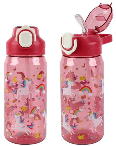 MHwan Borraccia Bambini, 600 Ml, Robusta, Infrangibile, a Prova di Perdite, Senza BPA, Apertura One-Touch, Facile da Pulire, con Cannuccia, adatta per la Scuola e Le Gite (Unicorno)