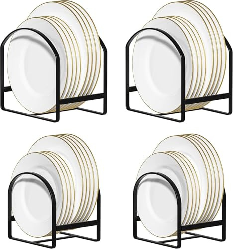 Livhome 4 Pack Black Drying Rack Plate Holder Organizer for Cabinet, Space-Saving Dish Storage Racks, Durable Metal Plate Dividers with Rubber Guards, Kitchen Plate Stand for Countertop and Cupboard