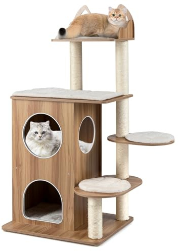 COSTWAY Arbre à Chat XL 122 cm, Condo à 2 Étages, 4 Plateformes, Poteaux à Griffer en Sisal, Arbre a Chat Bois, Coussins Amovibles et Lavables, Patins Antidérapants, Tour pour Chaton, 81 x 57 x 122 cm