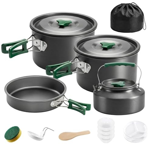Outsunny Camping Cookware Set for 4-5 People, Lightweight Aluminium Camping Cooking Kit with Anti-Scald Handles, Portable Pots and Pans for Backpacking, Hiking and Picnic, Grey