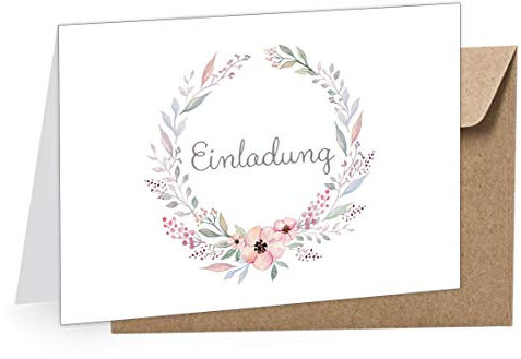 8 Klappgrußkarten EINLADUNG KRANZ BLÜTEN PASTELL ROSA • Grußkarte zur Hochzeit Taufe Kommunion Konfirmation u.v.w. Anlässe • 8 UMSCHLÄGE BRAUN KRAFTPAPIER